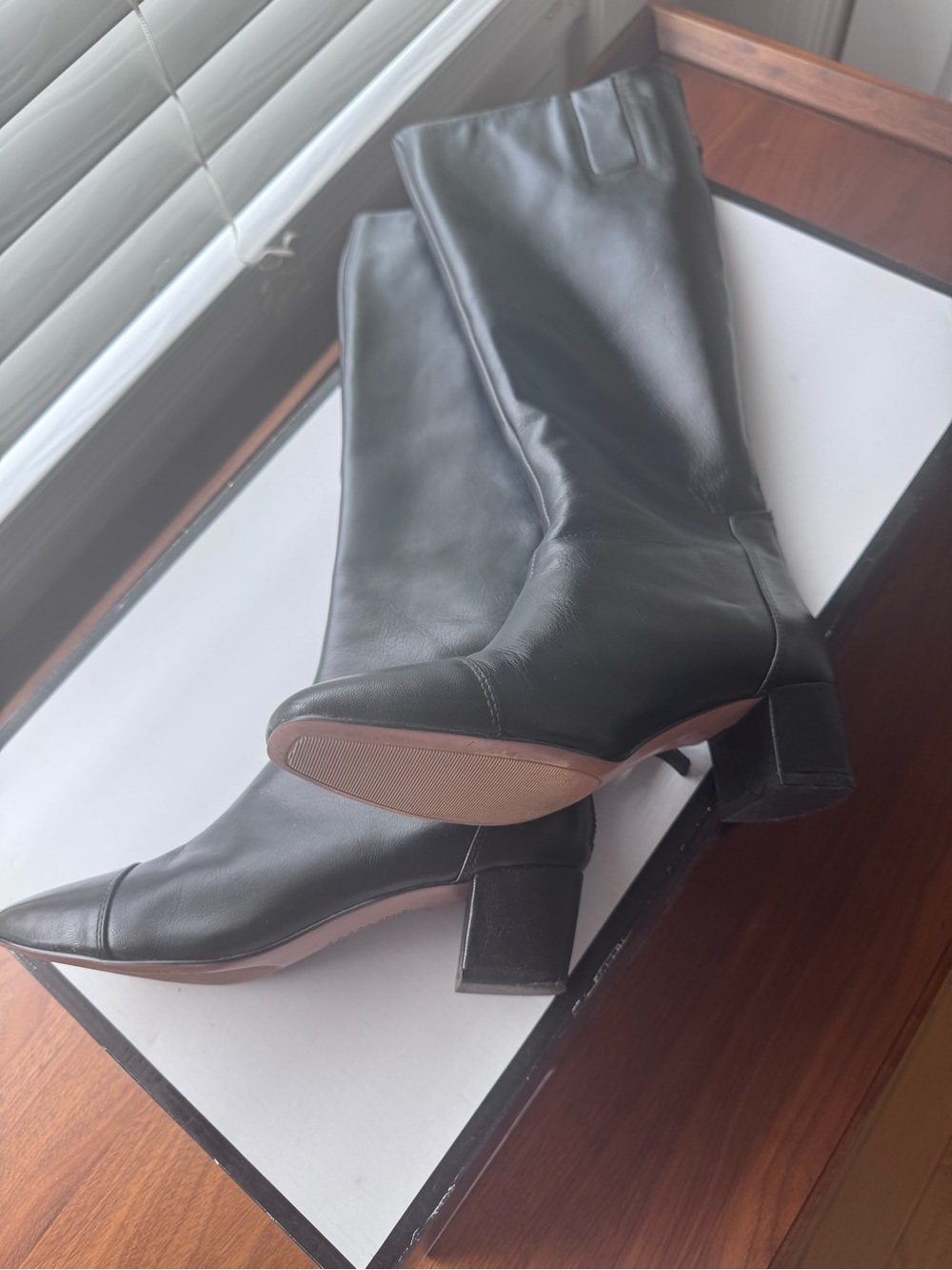 Nine West Black Leather Mid-Calf Block Heel Boots